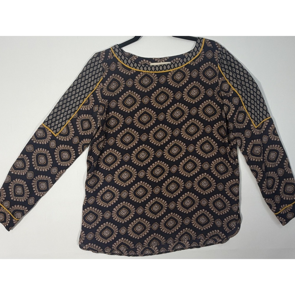 LOFT Blouse Women Medium Navy Blue Excellent Geometric Medallion Long Sleeve Top